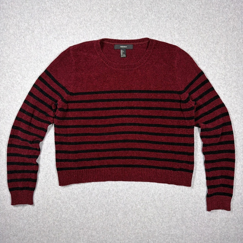 Forever 21 Burgundy Black Striped Chenille Metallic Shimmer Crop Sweater Large